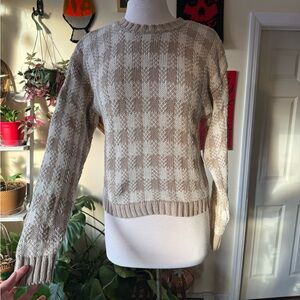 Elegant Beige Vintage Checkered Cotton Sweater